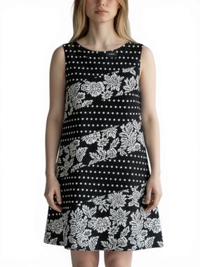 Maeve Shift Dress Black White Floral Dot Mod Sleeveless Size L